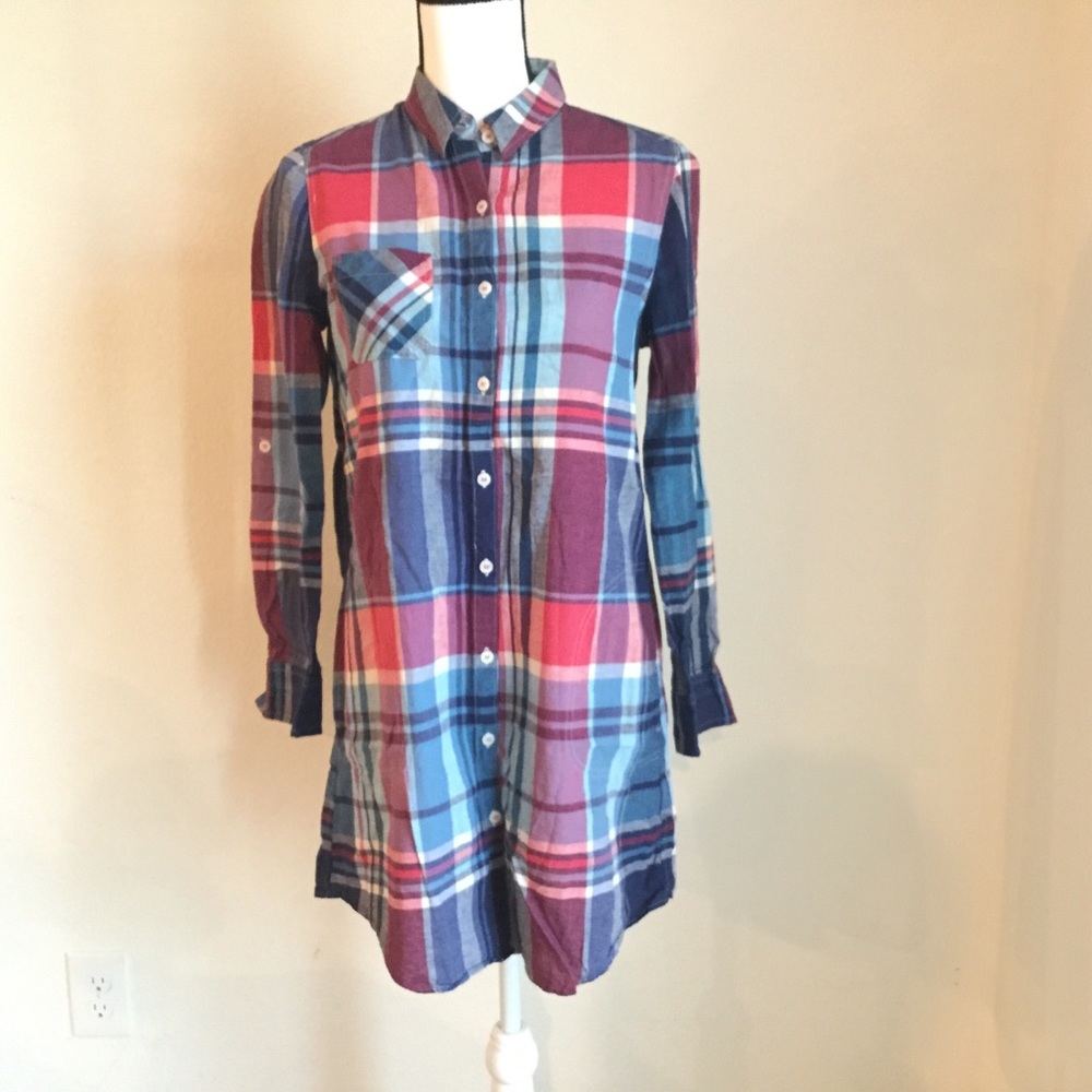 Roll tab-sleeve red×blue plaid shirt dress